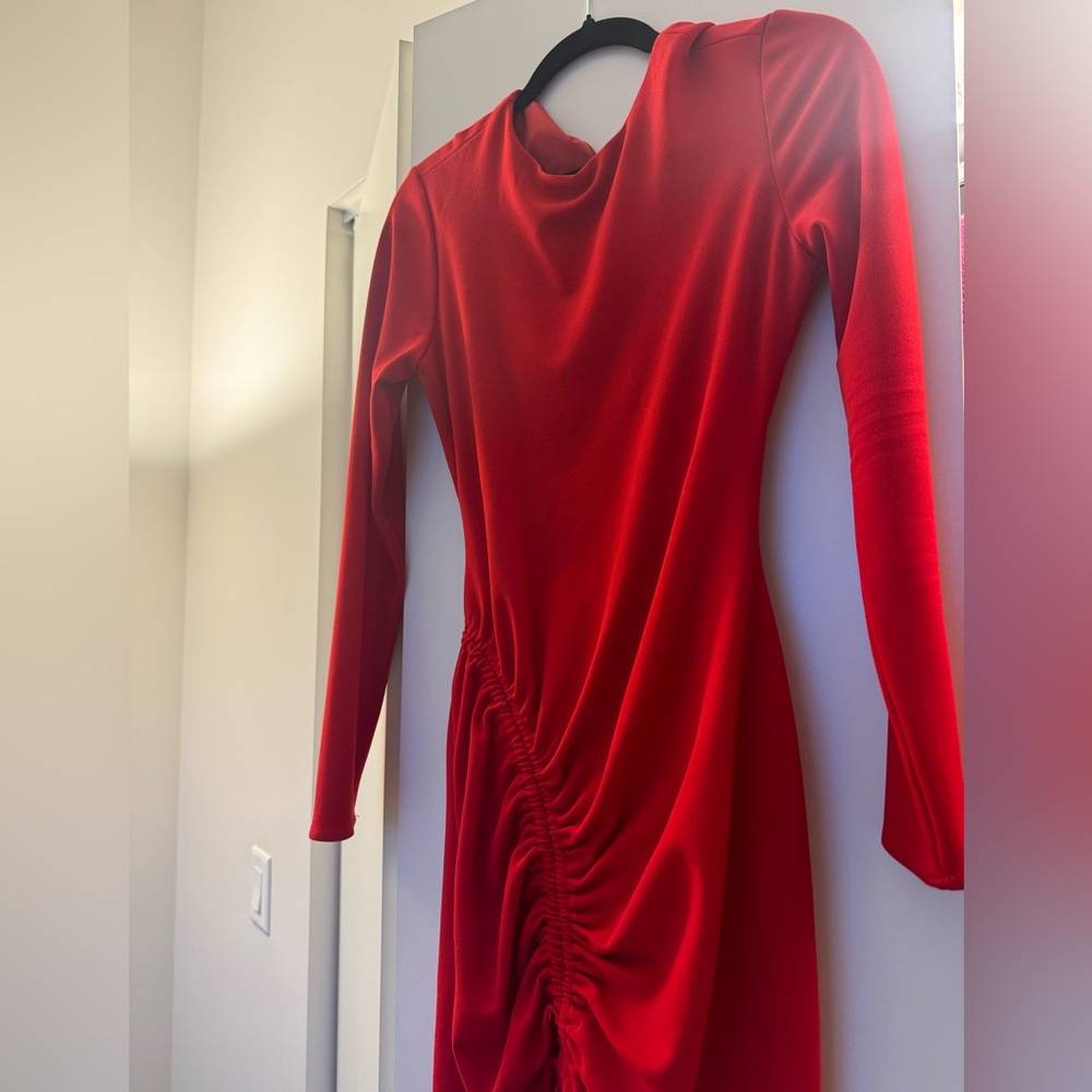 Red mini zara dress, rouching and open back detail. can still wear a bra with it